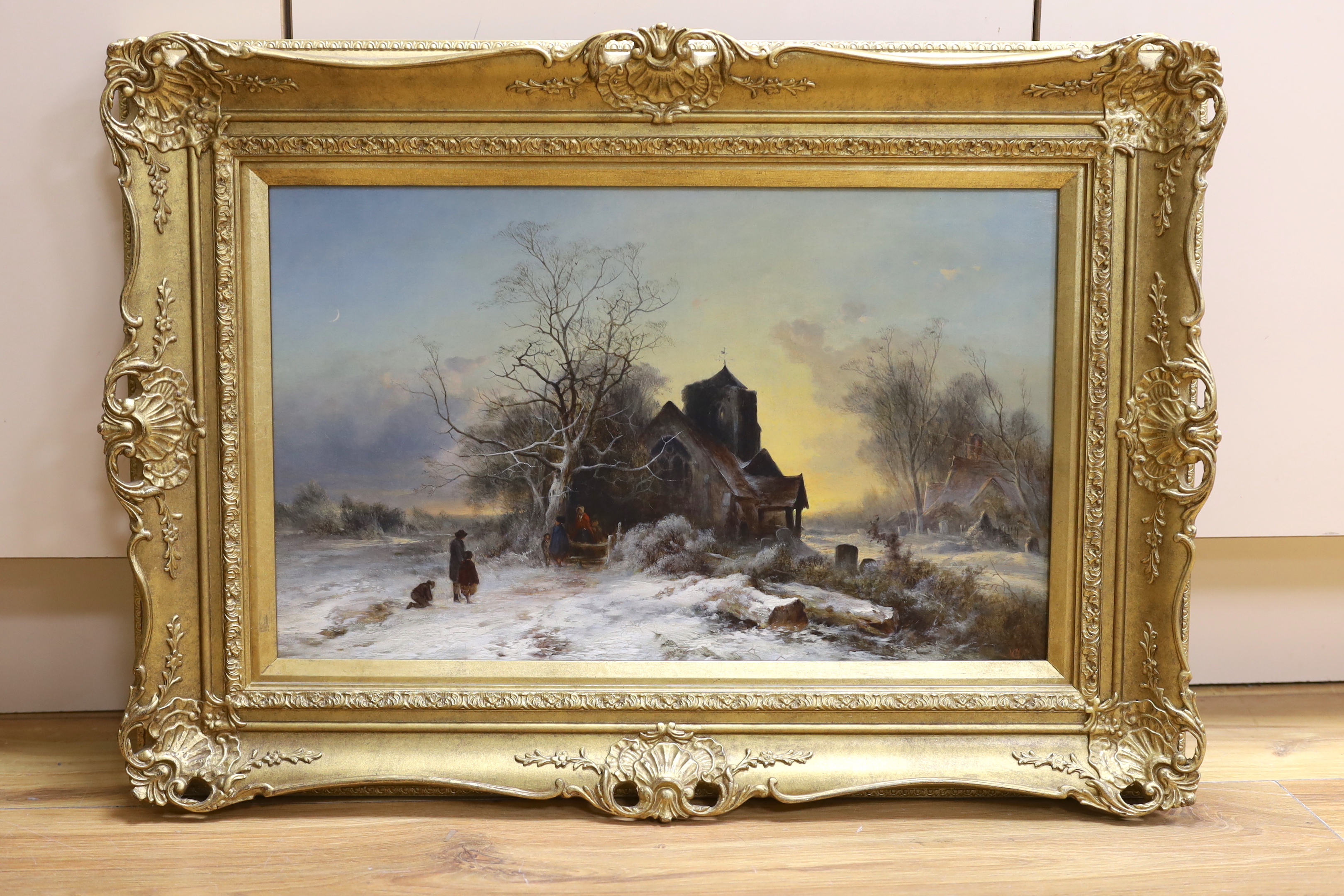 G. Williams, oil on canvas, Winter landscape with figures before a church, ink inscription verso, monogrammed, 31 x 51cm